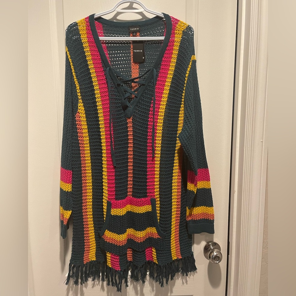 Torrid Teal Crochet Fringe Sweater with Vibrant Stripes